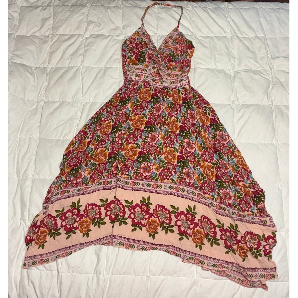 Angie Women Pink Floral Halter Handkerchief Hem Midi Dress Small Boho Smocked